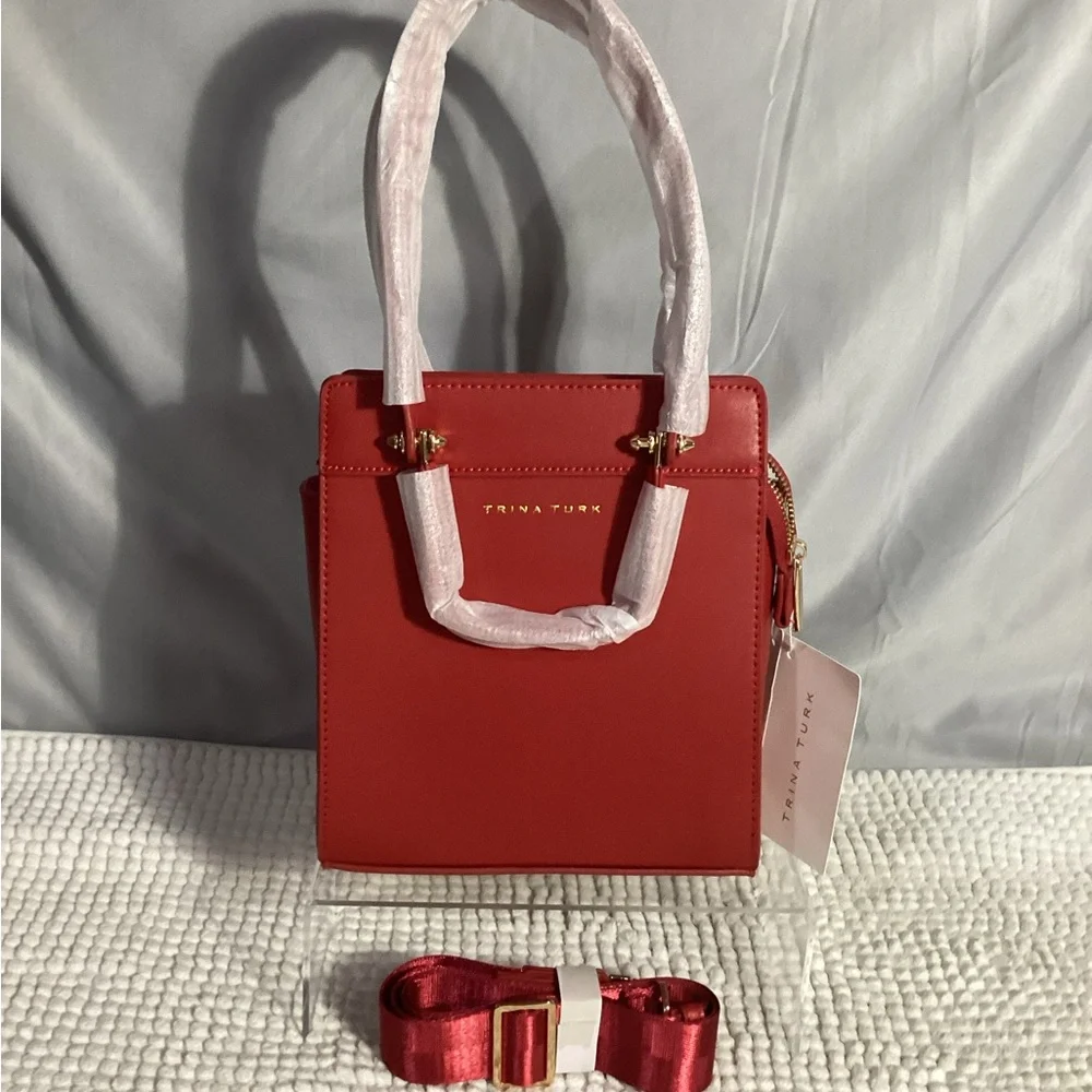 Trina Turk Red Petite Satchel Double Handles & Crossbody Strap NEW